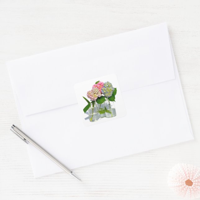Dusty pink blue yellow green floral hydrangeas  square sticker (Envelope)