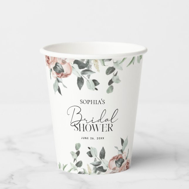 Dusty Pink Blush Floral Eucalyptus Bridal Shower Paper Cups (Front)