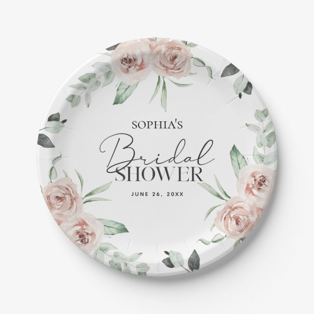 Dusty Pink Blush Floral Eucalyptus Bridal Shower Paper Plate (Front)