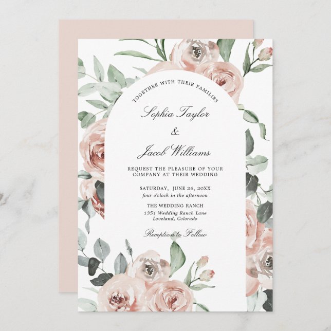 Dusty Pink Blush Floral Eucalyptus Wedding Invitation (Front/Back)