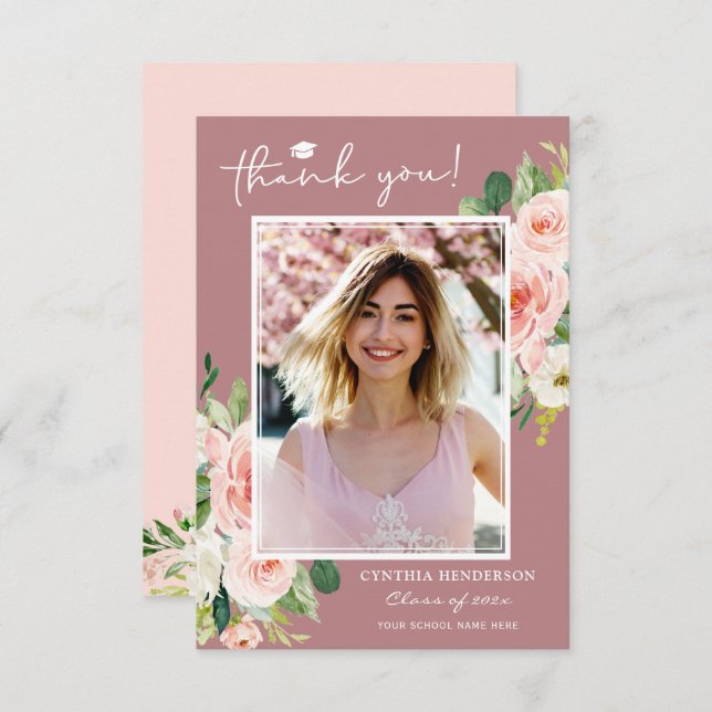 Dusty Pink Blush Graduation Photo Thank You Card (Front/Back)