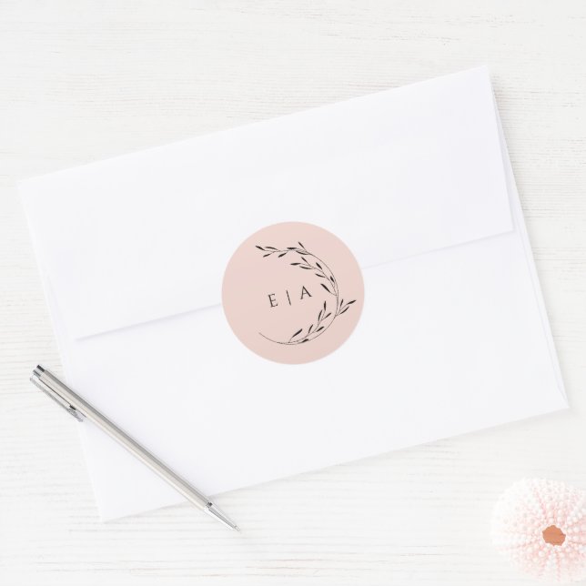 Dusty Pink Blush Minimal Monogram Wreath Envelope Classic Round Sticker (Envelope)