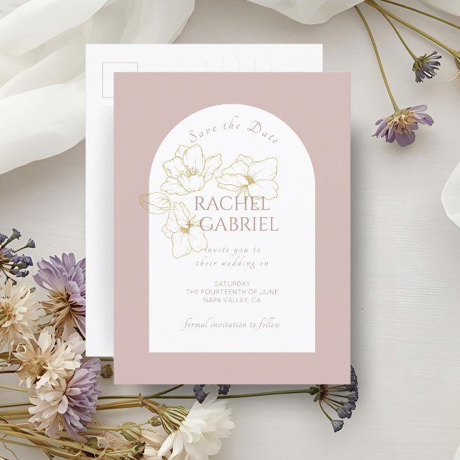 Dusty Pink | Boho Arch Gold Floral Wedding  Postcard (Creator Uploaded)