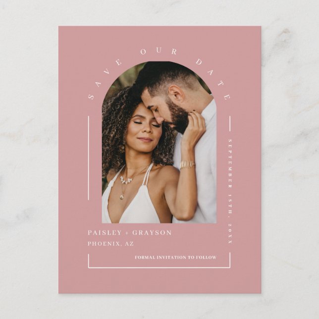 Dusty Pink Boho Arch Photo QR Code Save Our Date Postcard (Front)