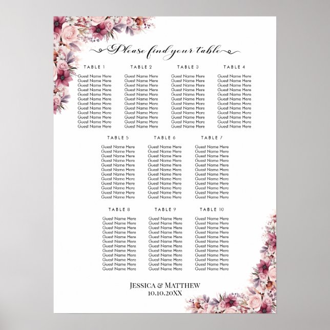 Dusty Pink Boho Floral 10 Tables Wedding Seating Poster (Front)