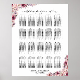 Dusty Pink Boho Floral 20 Tables Wedding Seating Poster