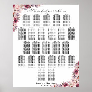 Dusty Pink Boho Floral 24 Tables Wedding Seating Poster