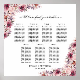 Dusty Pink Boho Floral 7 Tables Wedding Seating Poster