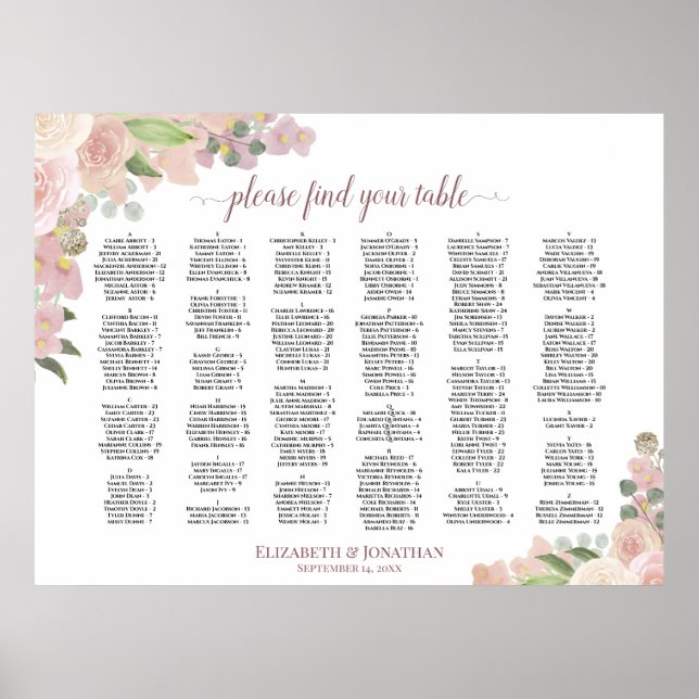 Dusty Pink Boho Floral Alphabetical Seating Chart (Front)