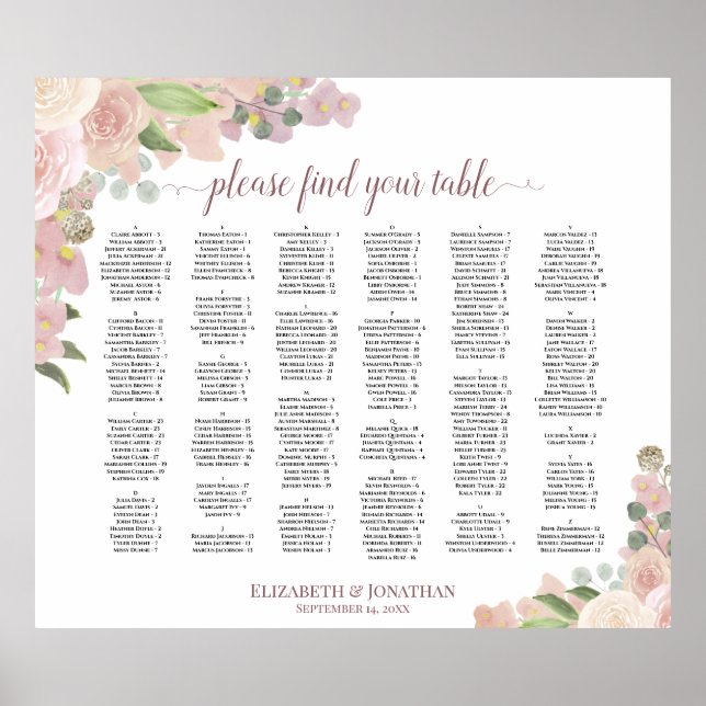 Dusty Pink Boho Floral Alphabetical Seating Chart (Front)