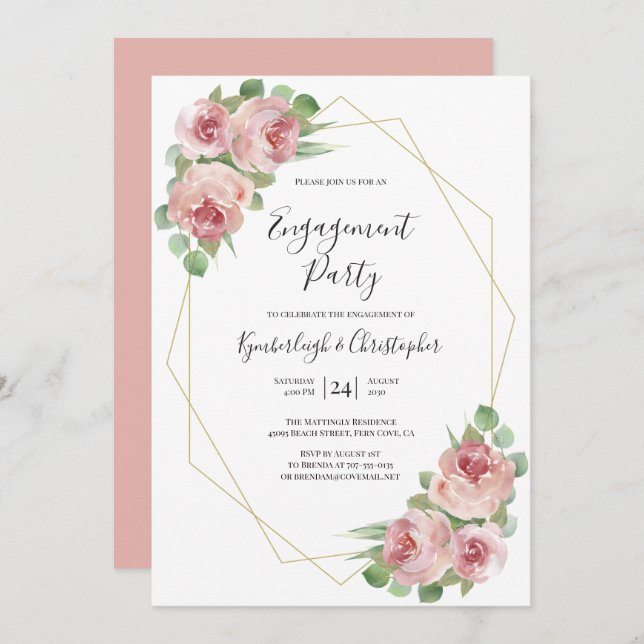 Dusty Pink Boho Floral Geometric Engagement Party Invitation (Front/Back)