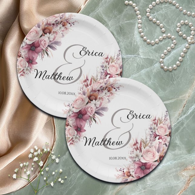 Dusty Pink Boho Floral Modern Script Wedding Paper Plate (Creator Uploaded)