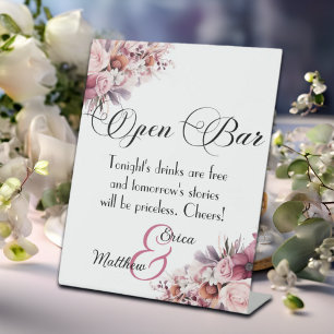 Dusty Pink Boho Floral Open Bar Wedding Pedestal Sign