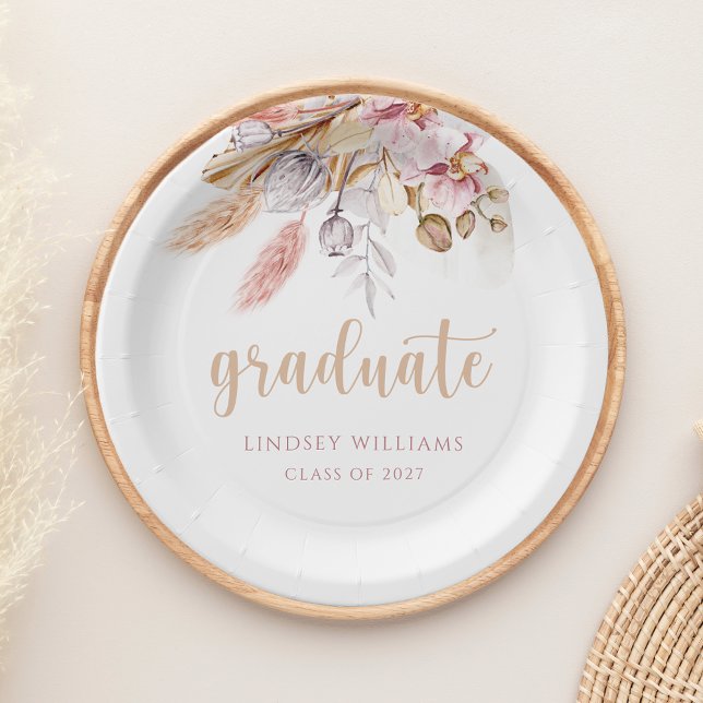 Dusty Pink Boho Floral Pampas Grass Graduation Paper Plate (Creator Uploaded)