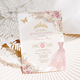 Dusty Pink Boho Floral Quinceañera 15th Birthday Invitation