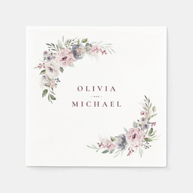 Dusty pink boho floral rustic wedding napkin (Front)