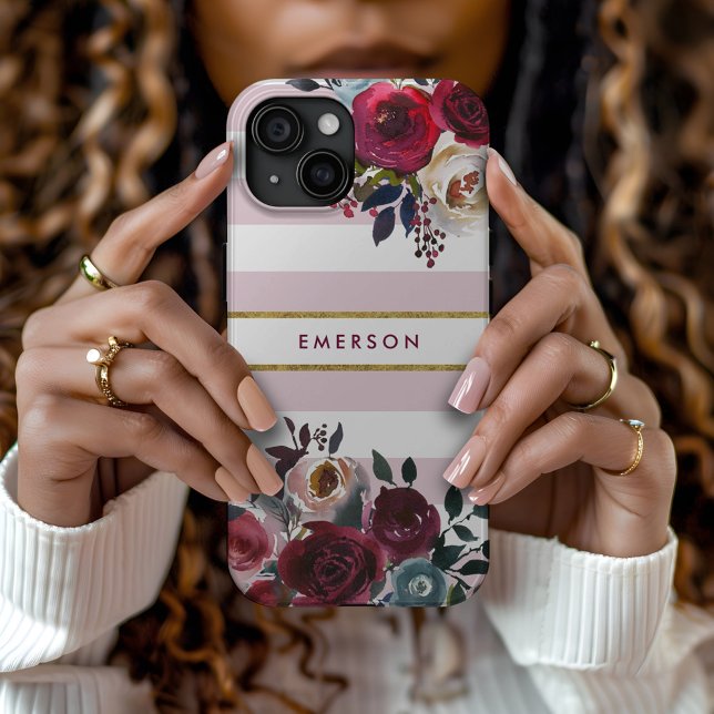 Dusty Pink Boho Floral Stripe Monogram Case-Mate iPhone Case (Creator Uploaded)