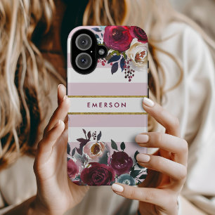 Dusty Pink Boho Floral Stripe Monogram iPhone 16 Case