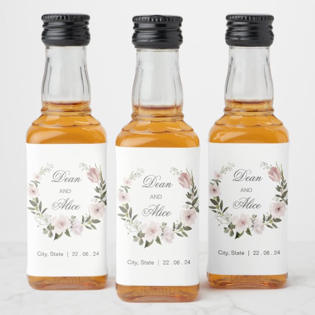 Dusty Pink Boho Floral Water Colour Pastel Wedding Liquor Bottle Label (Bottles)