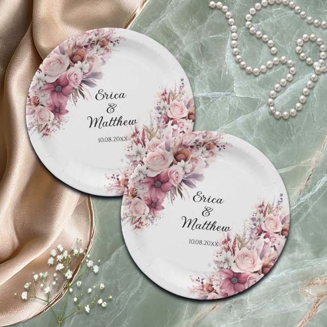 Dusty Pink Boho Floral Wedding  Paper Plate (Creator Uploaded)