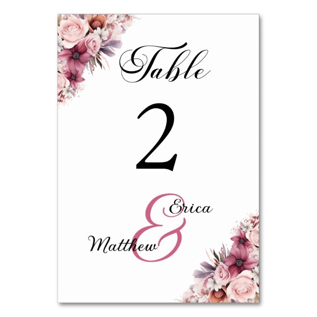 Dusty Pink Boho Floral Wedding Table Number (Front)