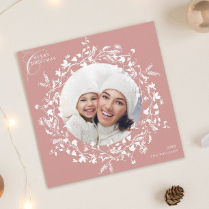 Dusty Pink Boho Wildflower Christmas Photo Square Holiday Card