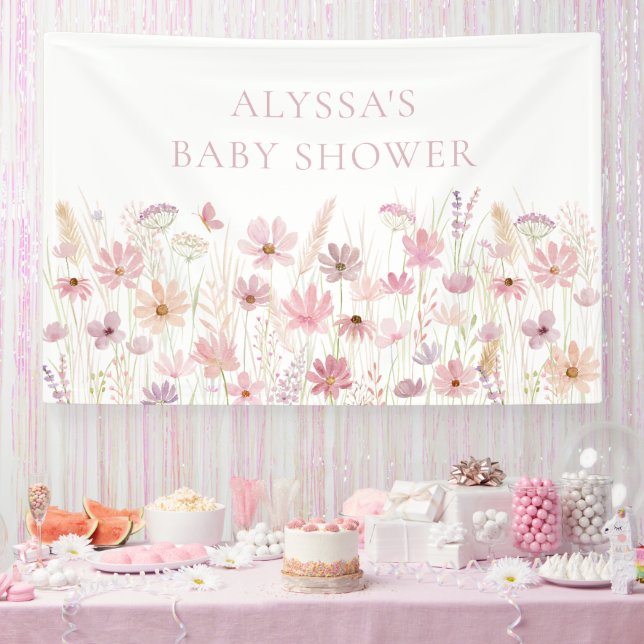 Dusty Pink Boho Wildflowers Baby Shower Banner (Party)