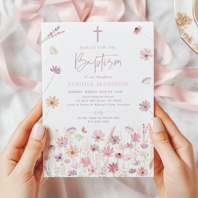 Dusty Pink Boho Wildflowers Baptism Invitation (Creator Uploaded)