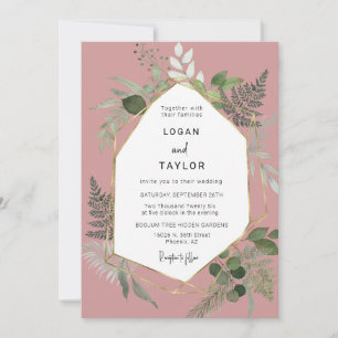 Dusty Pink Botanical Greenery Gold QR Code Photo Invitation