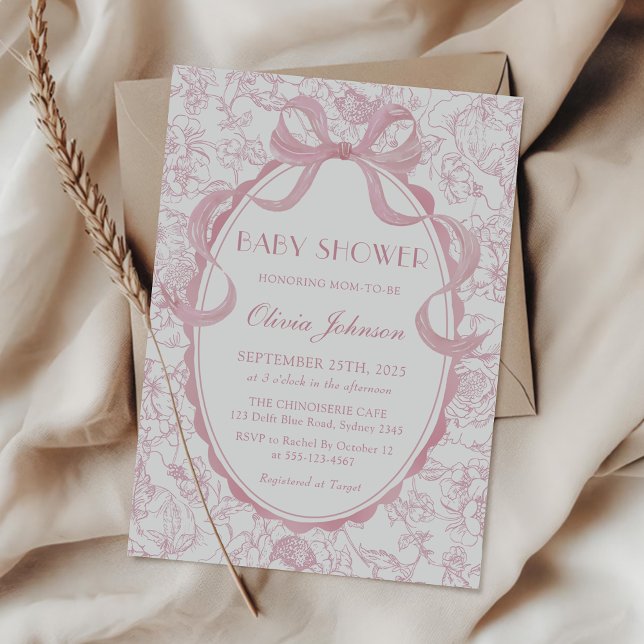 Dusty Pink Bow Chinoiserie Floral Baby Shower Invitation (Creator Uploaded)