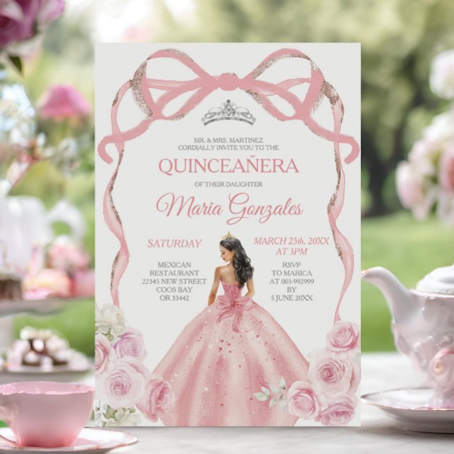 Dusty Pink Bow Princess Silver Crown Quinceañera Invitation (Creator Uploaded)