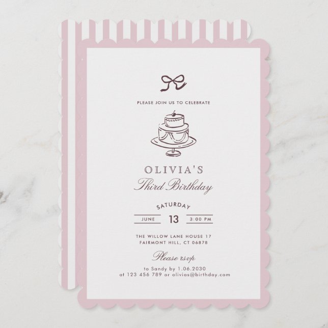 dusty Pink Bow, Striped Pink | brown birthday  Inv Invitation (Front/Back)