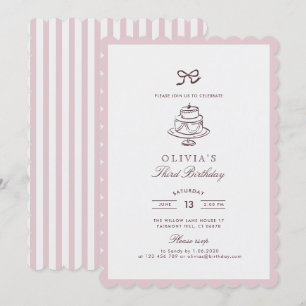 dusty Pink Bow, Striped Pink   brown birthday  Inv Invitation