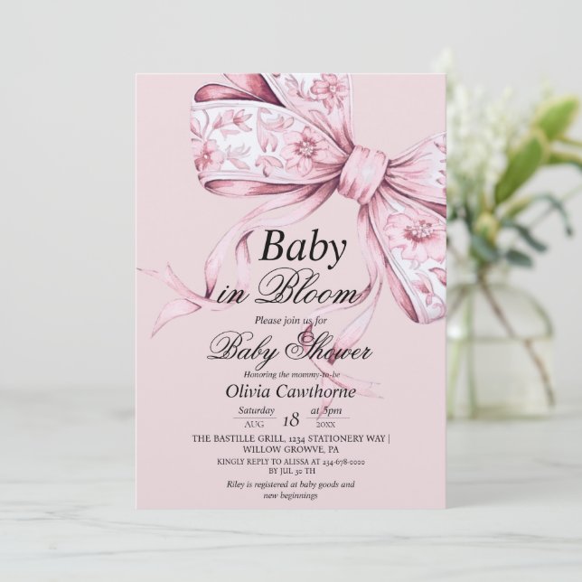 Dusty Pink Bow Watercolor Baby Shower Invitation (Standing Front)