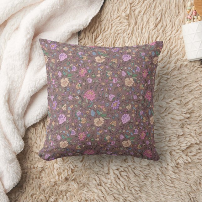 Dusty Pink Brown Beige Whimsical Colourful Floral Cushion (Blanket)