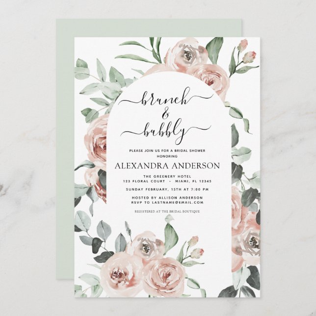 Dusty Pink Brunch & Bubbly Bridal Shower Greenery  Invitation (Front/Back)