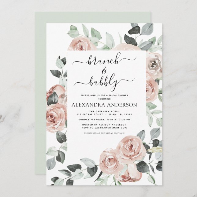 Dusty Pink Brunch & Bubbly Bridal Shower Invitatio Invitation (Front/Back)