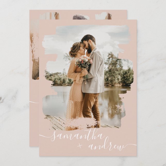 Dusty pink brushstroke script 2 photos wedding invitation (Front/Back)