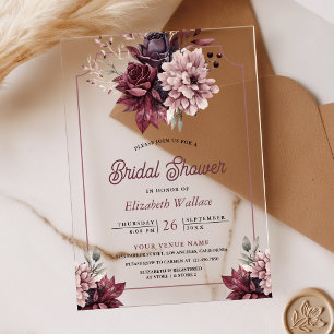 Dusty Pink Burgundy Floral Bridal Shower Acrylic Invitations