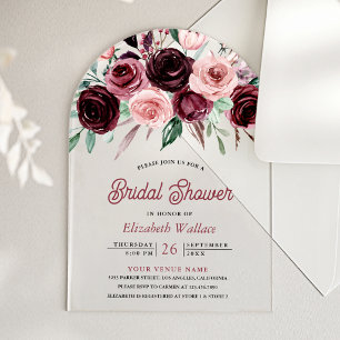 Dusty Pink Burgundy Floral Bridal Shower Acrylic Invitations