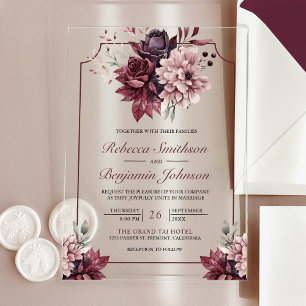 Dusty Pink Burgundy Floral Frame Wedding Acrylic Invitations