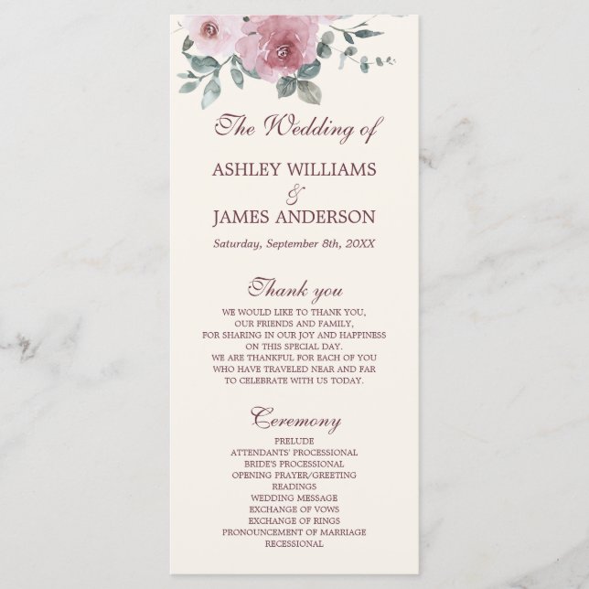 Dusty Pink Burgundy Floral Ivory Wedding Program (Front)
