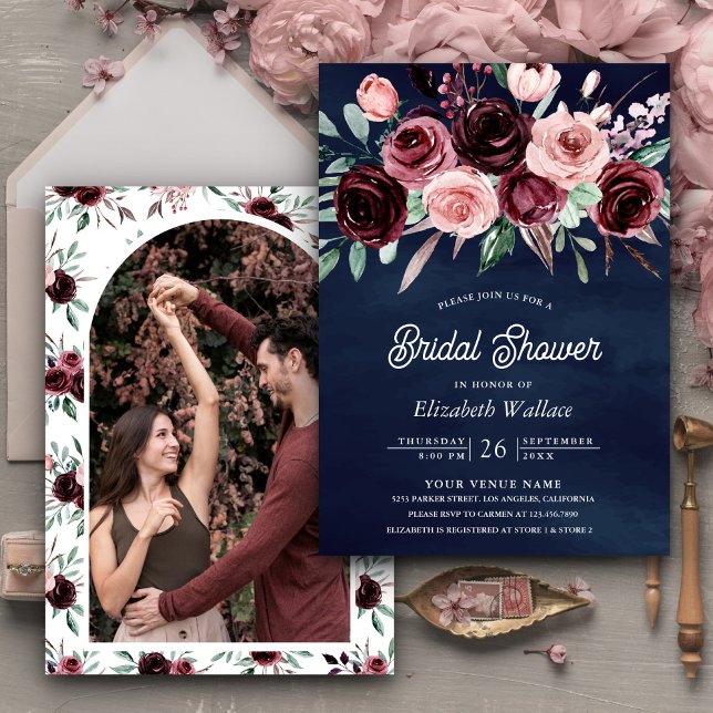 Dusty Pink Burgundy Floral Navy Blue Bridal Shower Invitation (Creator Uploaded)