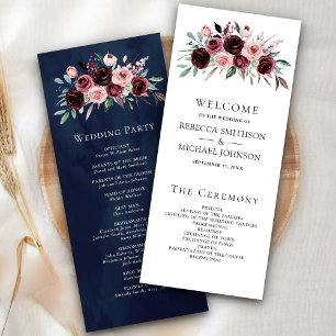 Dusty Pink Burgundy Floral Navy Wedding Program