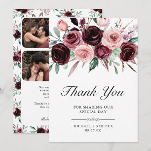 Dusty Pink Burgundy Floral Photo Wedding Thank You Card
