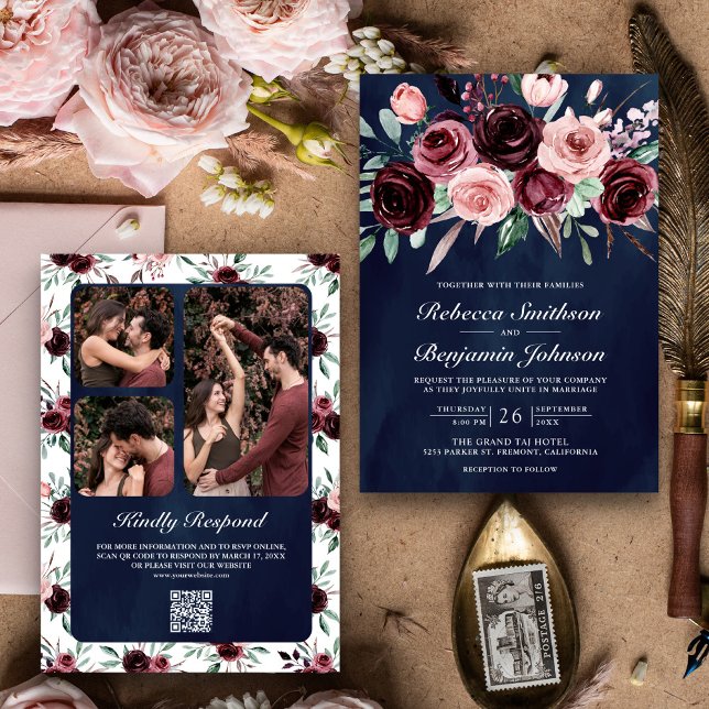 Dusty Pink Burgundy Floral QR Code Navy Wedding Invitation (Creator Uploaded)