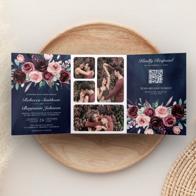 Dusty Pink Burgundy Floral QR Code Navy Wedding Tri-Fold Invitation (Creator Uploaded)