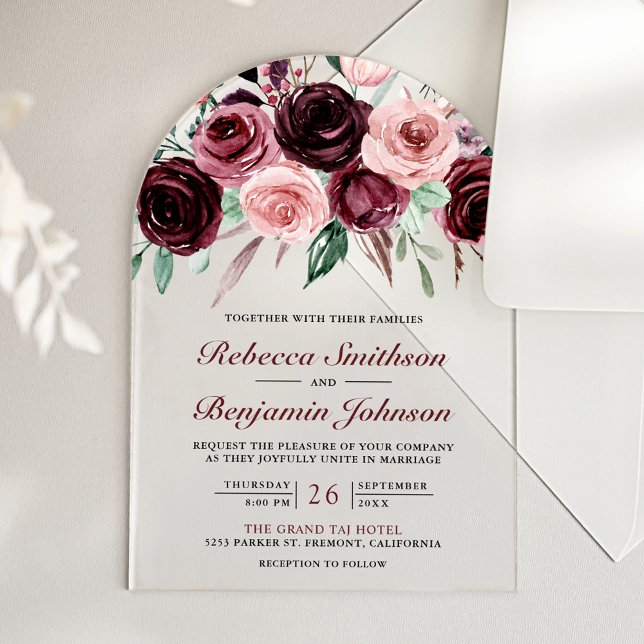 Dusty Pink Burgundy Floral Wedding Acrylic Invitations (Creator Uploaded)