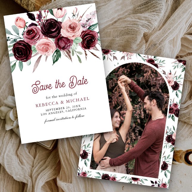 Dusty Pink Burgundy Floral Wedding Save The Date (Creator Uploaded)