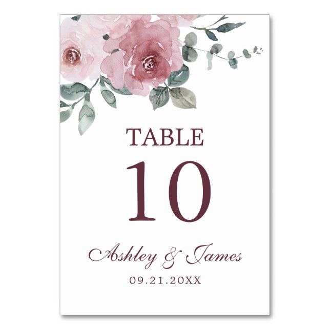 Dusty Pink Burgundy Floral Wedding Table Number (Front)